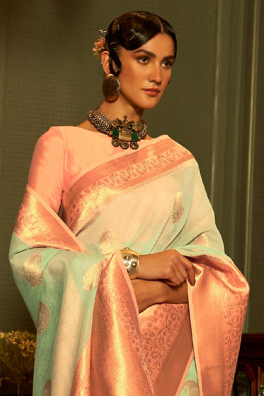 Lea Sea Green & Peach Pure Linen One Minute Saree