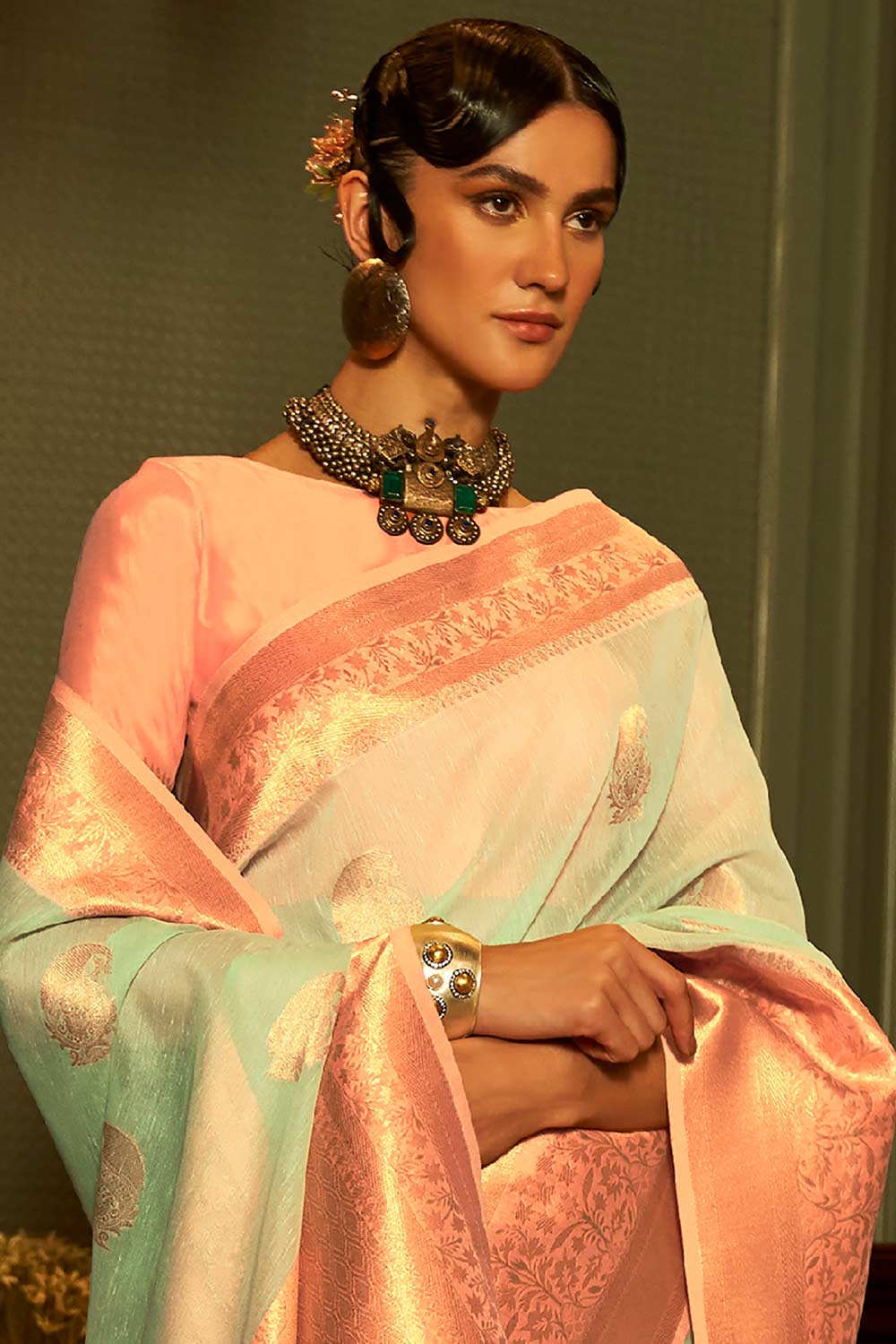 Lea Sea Green & Peach Pure Linen One Minute Saree