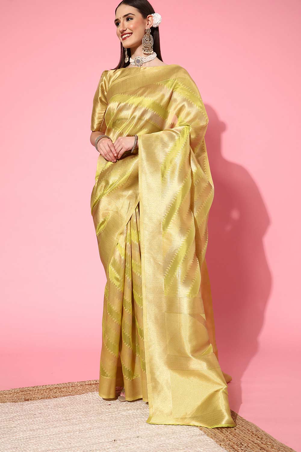 Buy Olive Organza Leheriya Design One Minute Saree Online