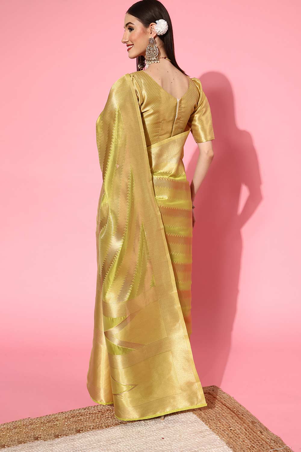 Buy Olive Organza Leheriya Design One Minute Saree Online - Back