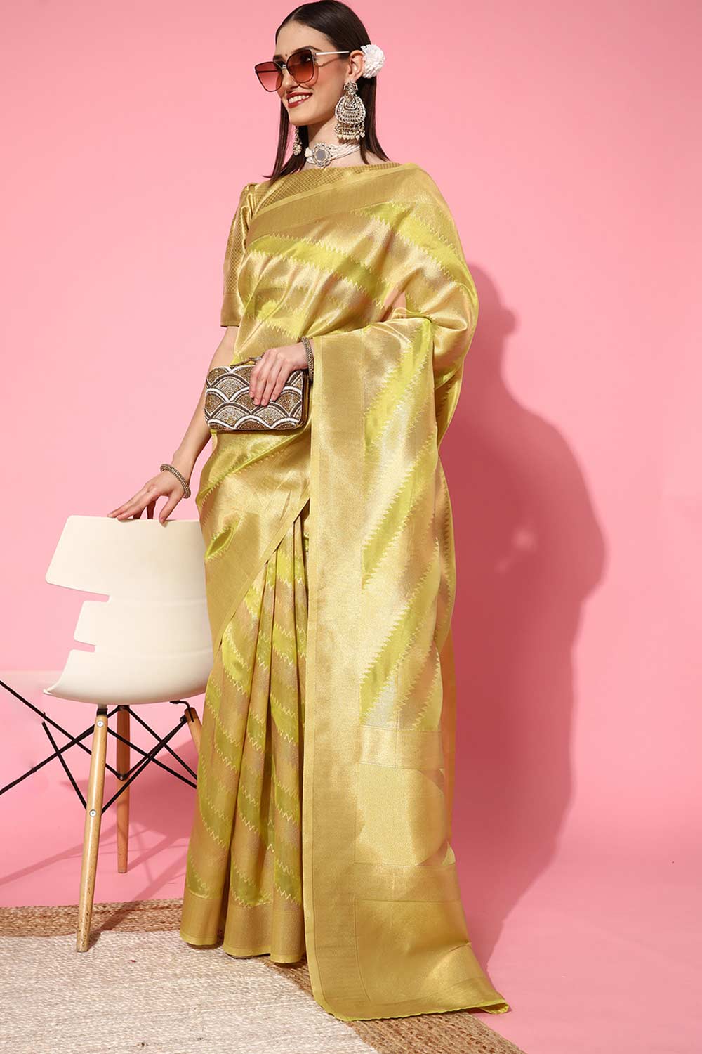 Buy Olive Organza Leheriya Design One Minute Saree Online - Front