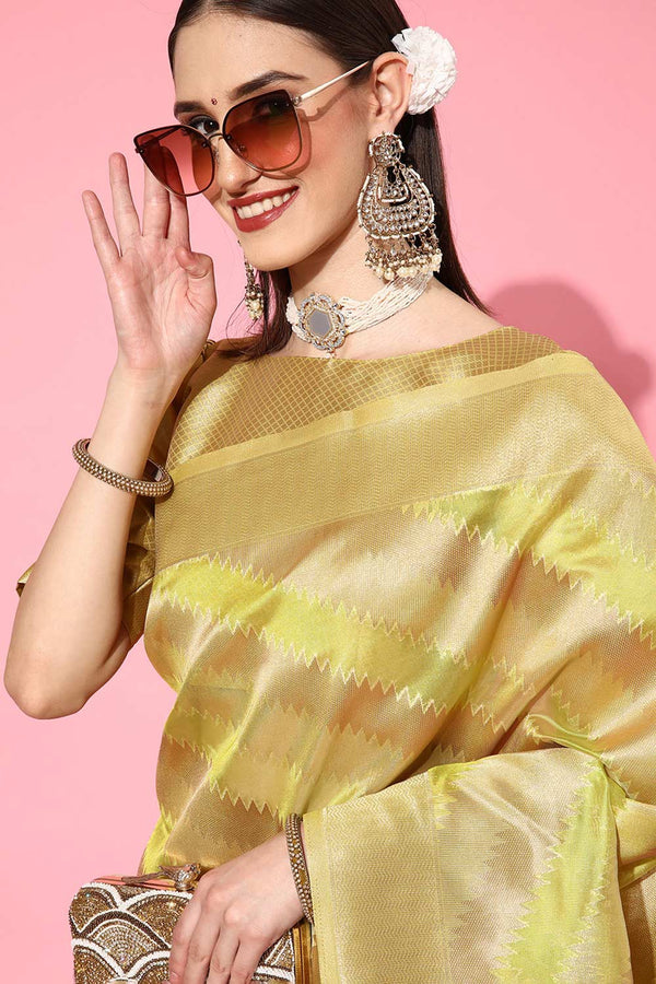 Buy Olive Organza Leheriya Design One Minute Saree Online - Side