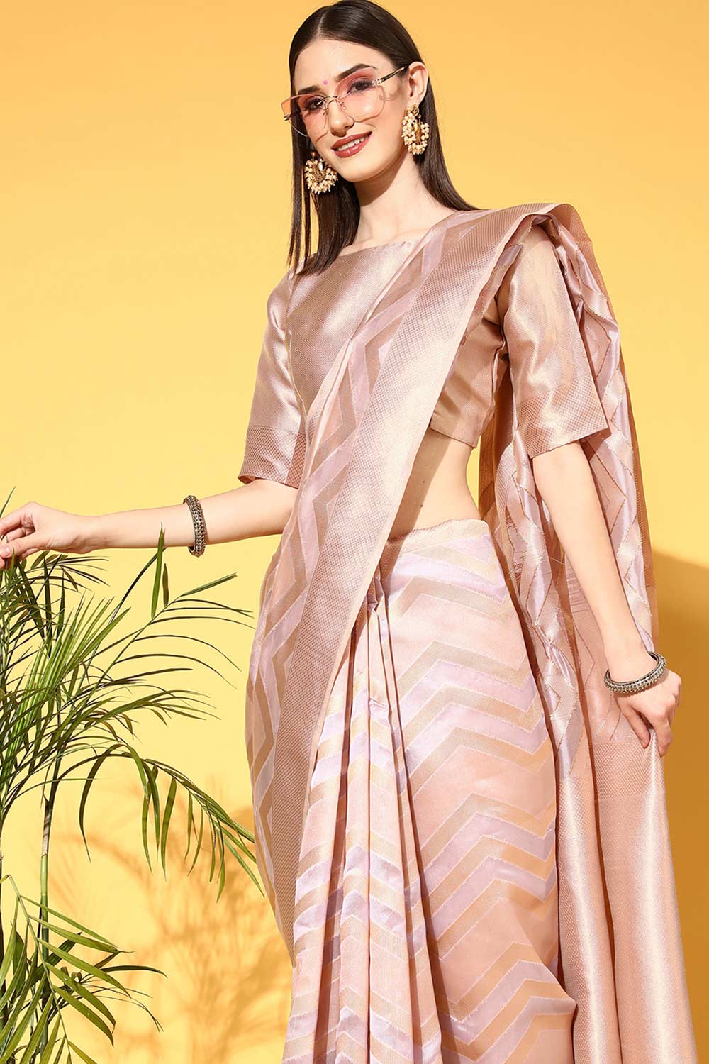 Buy Lavender Organza Leheriya Design One Minute Saree Online - Side