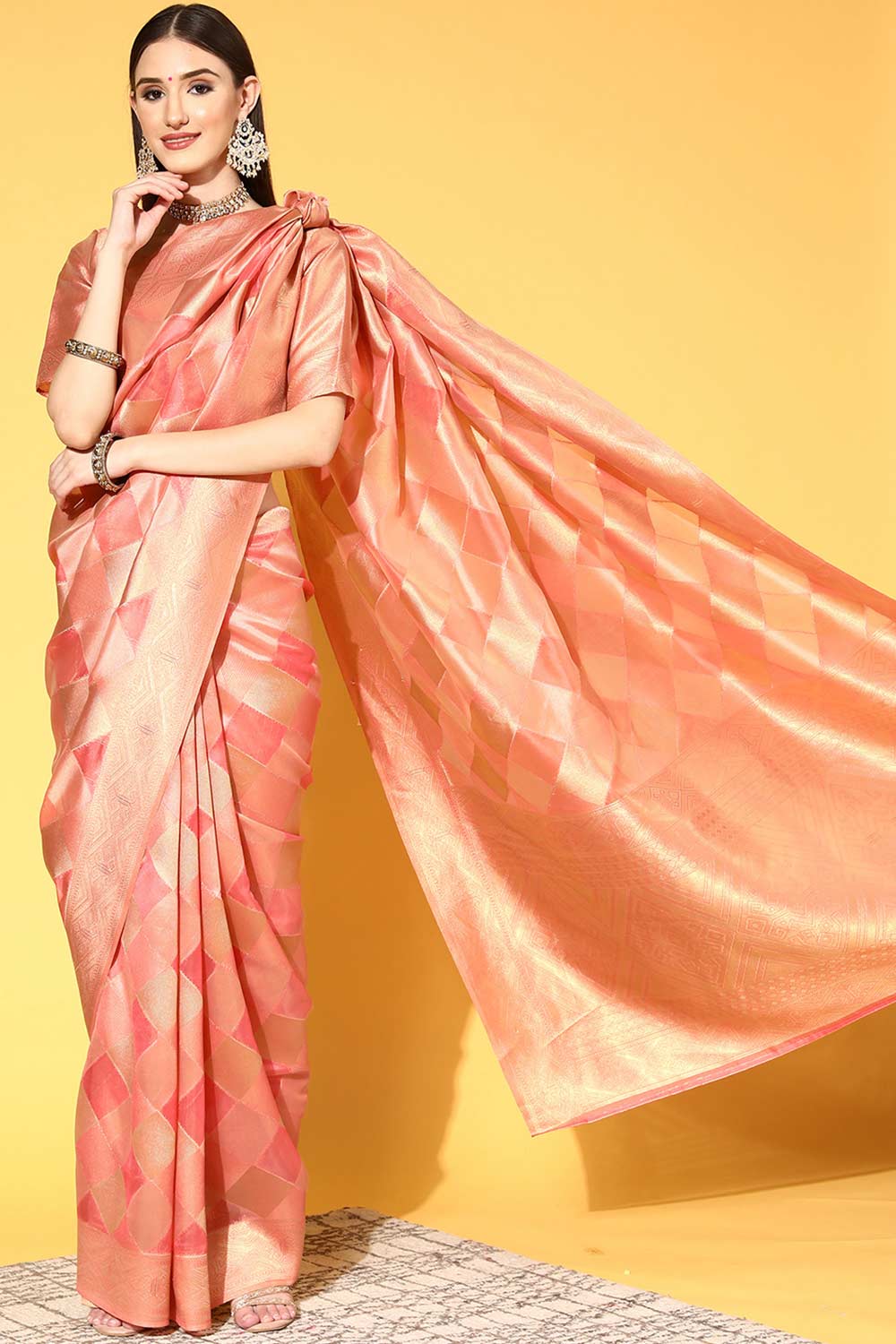Buy Peach Organza Checkered Design One Minute Saree Online