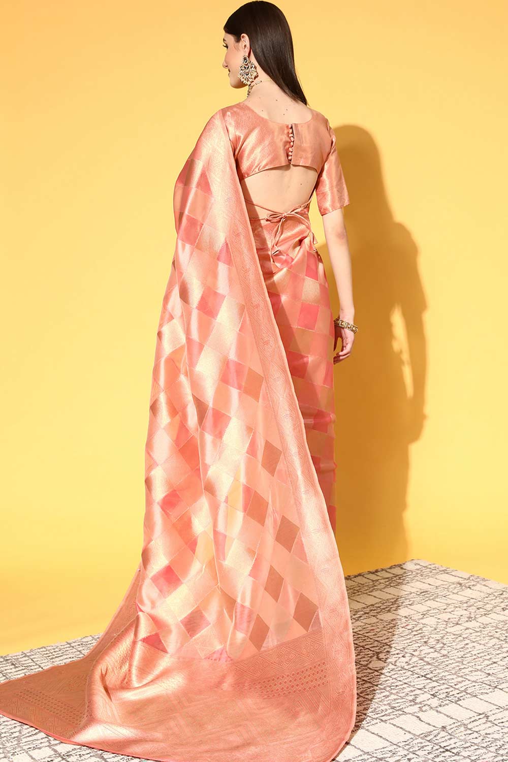 Buy Peach Organza Checkered Design One Minute Saree Online - Back