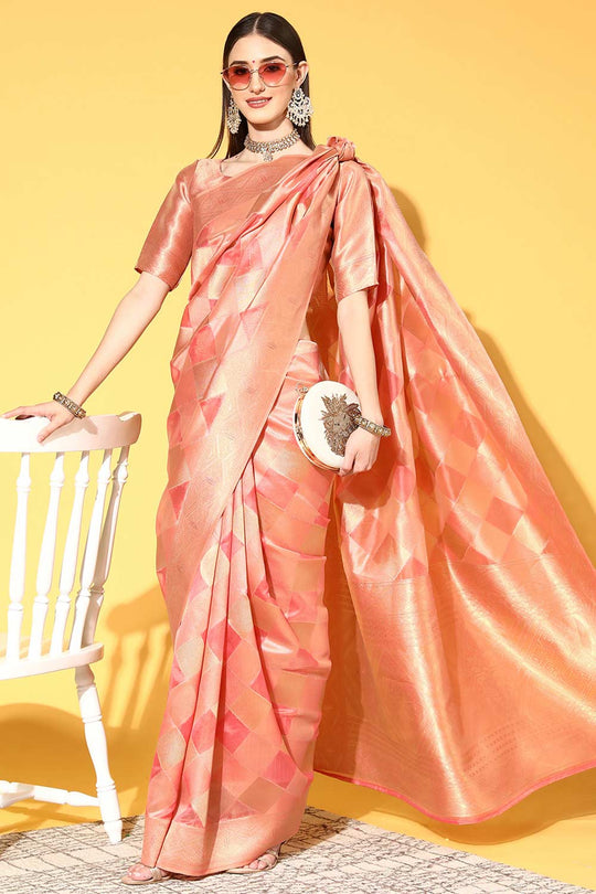 Buy Peach Organza Checkered Design One Minute Saree Online - Front