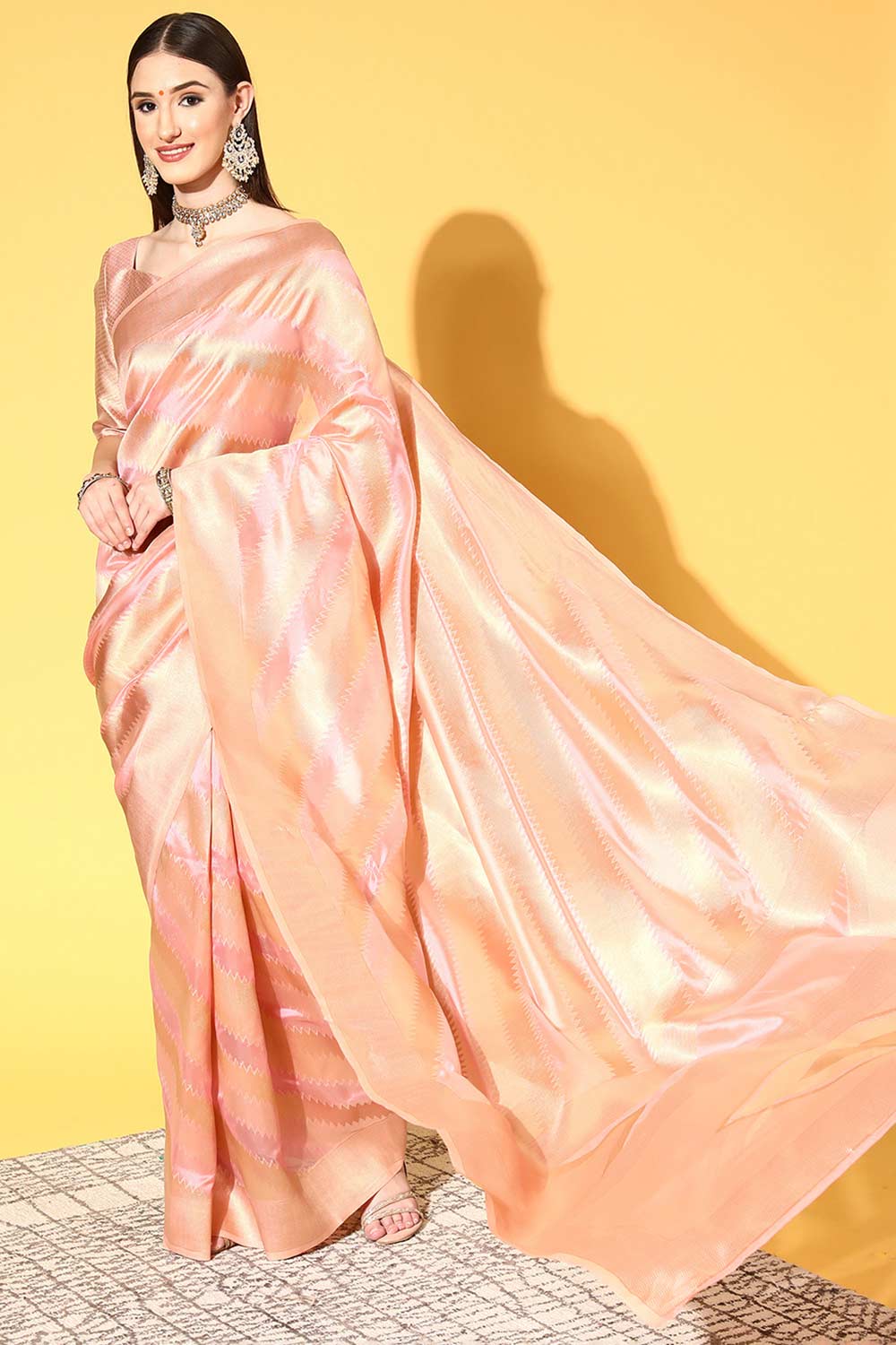 Buy Pink Organza Leheriya Design One Minute Saree Online