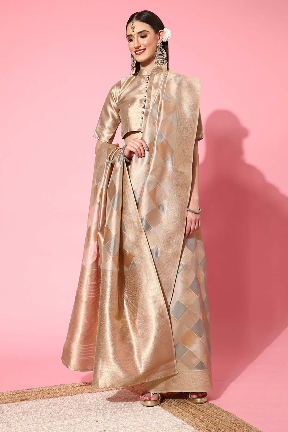 Buy Grey Organza Checkered Design One Minute Saree Online