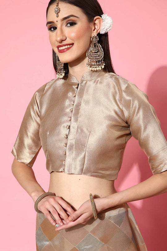 Buy Grey Organza Checkered Design One Minute Saree Online - Zoom In