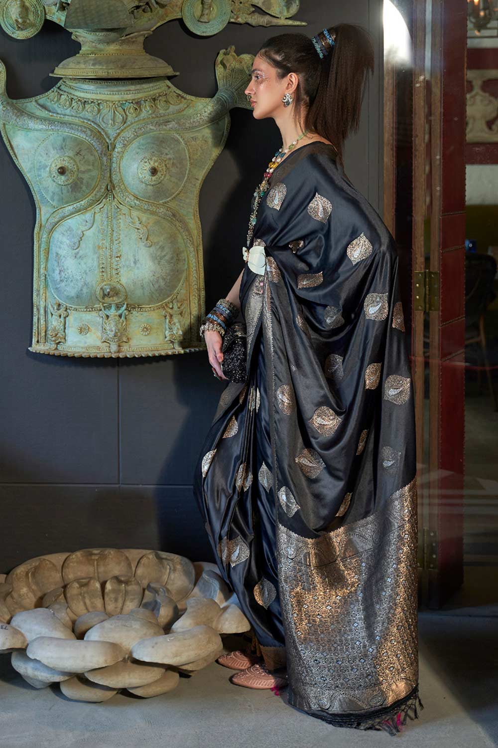 Buy Black Art Silk Bagh Design One Minute Saree Online