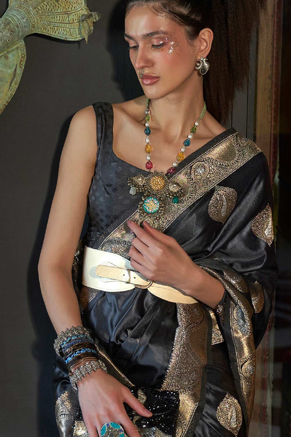 Buy Black Art Silk Bagh Design One Minute Saree Online - Front