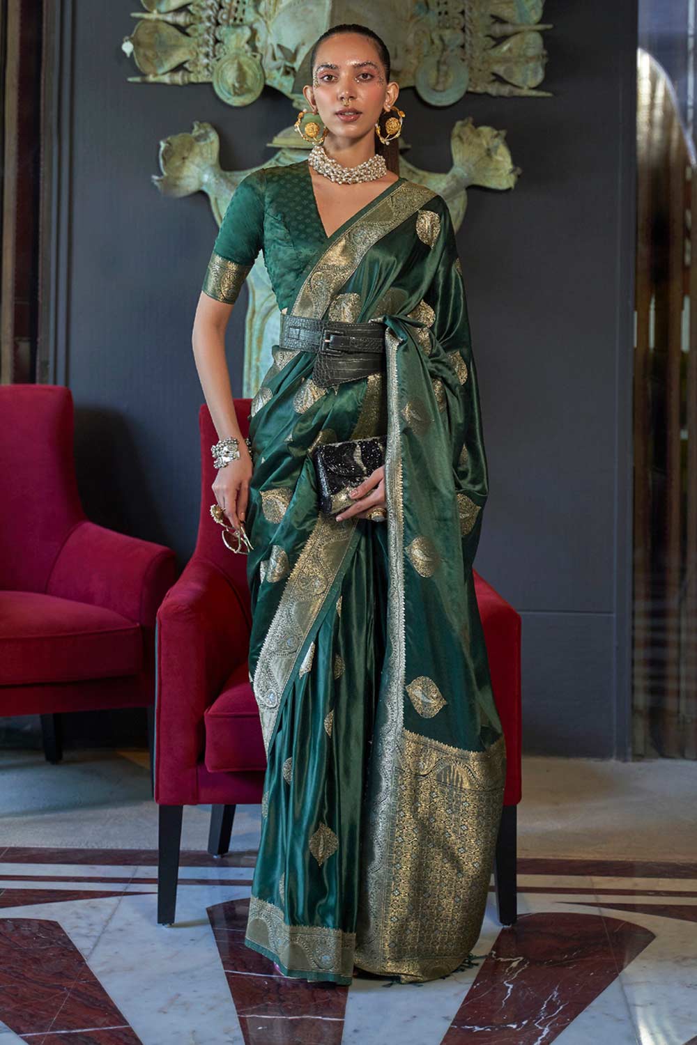 Buy Green Art Silk Bagh Design One Minute Saree Online