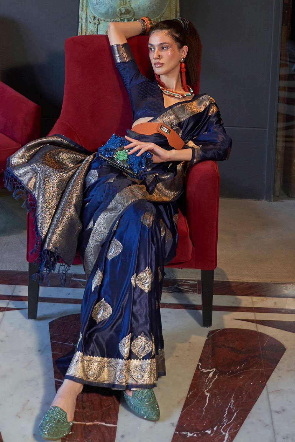 Buy Navy Blue Art Silk Bagh Design One Minute Saree Online