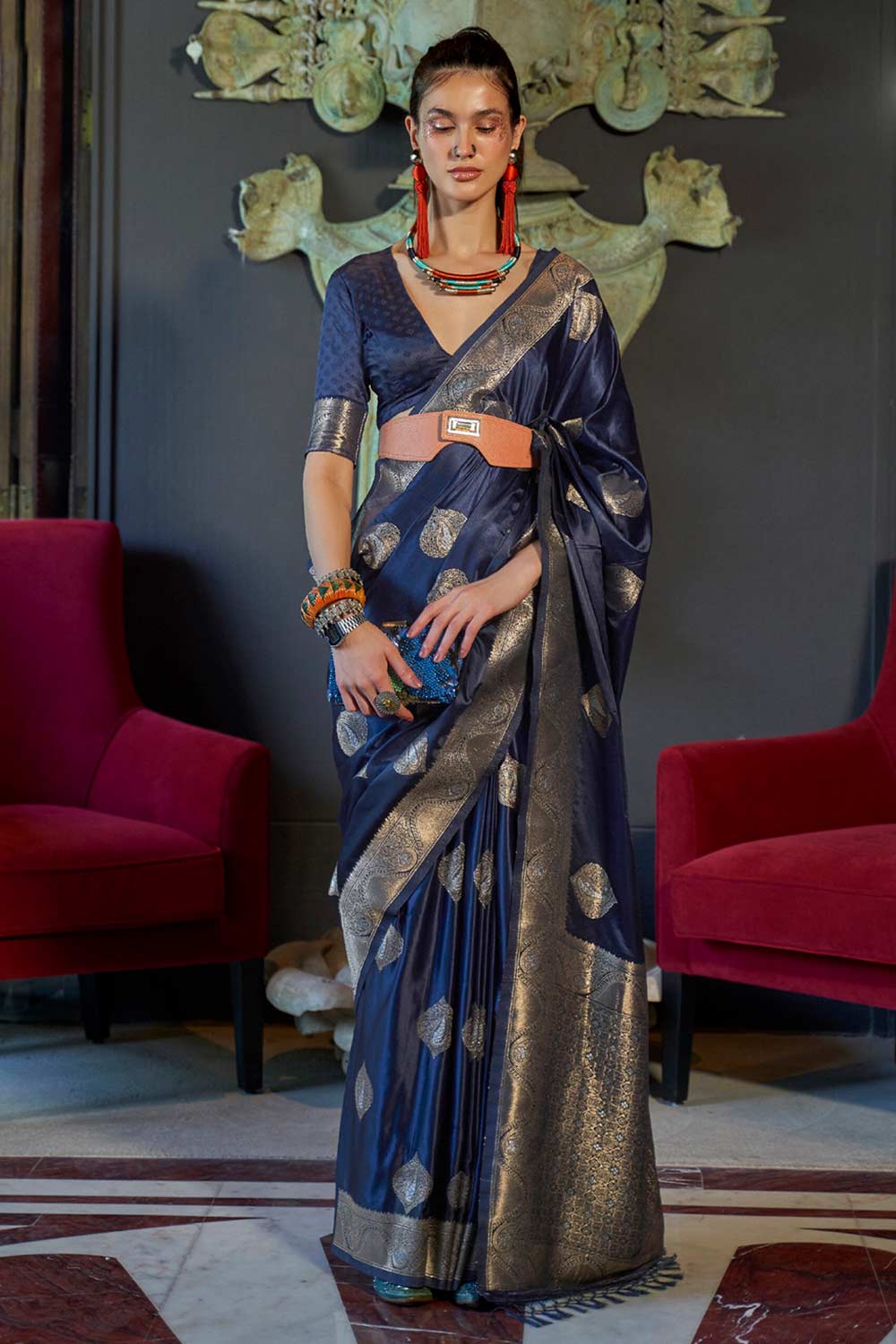 Buy Navy Blue Art Silk Bagh Design One Minute Saree Online