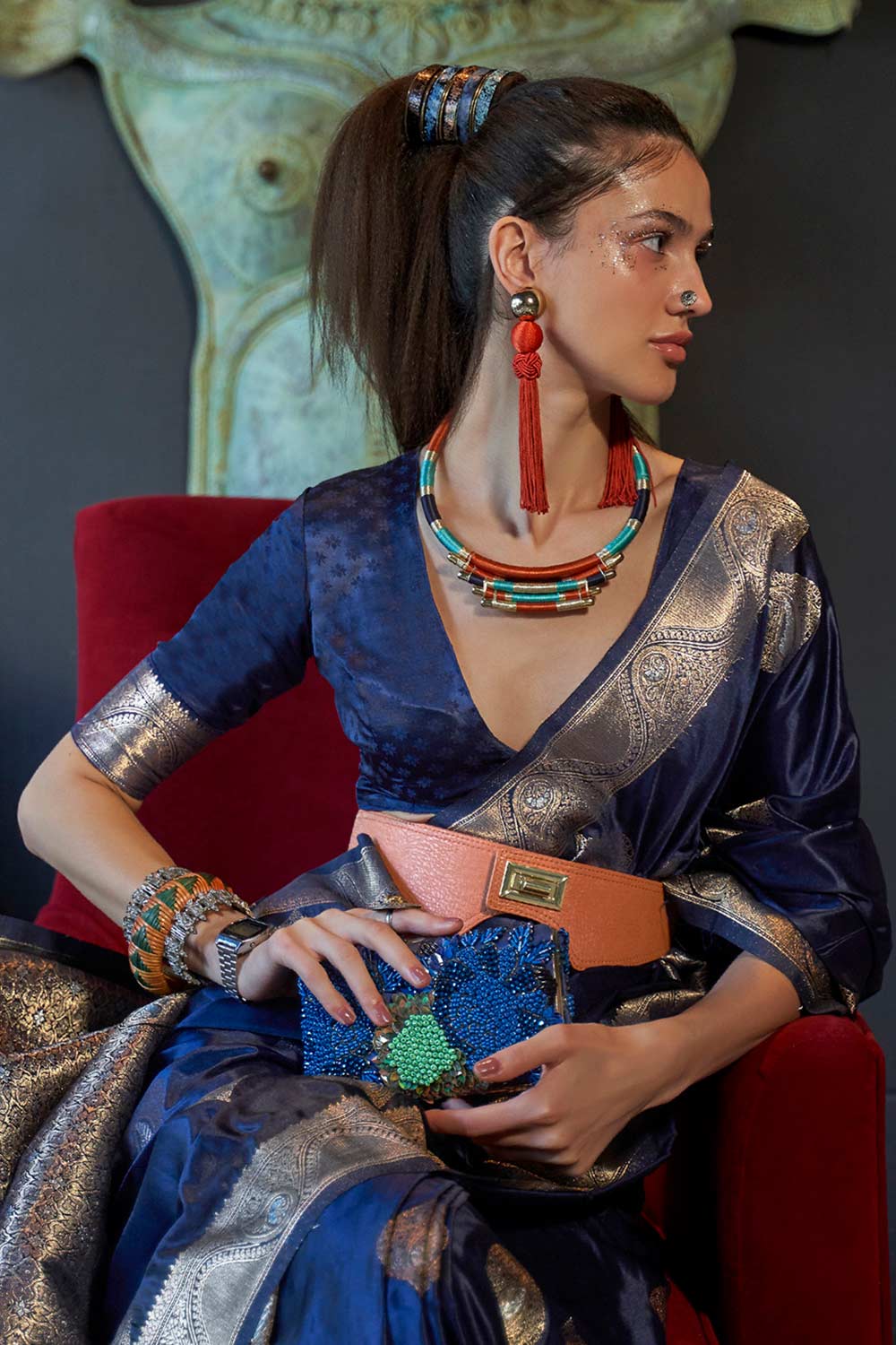 Buy Navy Blue Art Silk Bagh Design One Minute Saree Online - Front