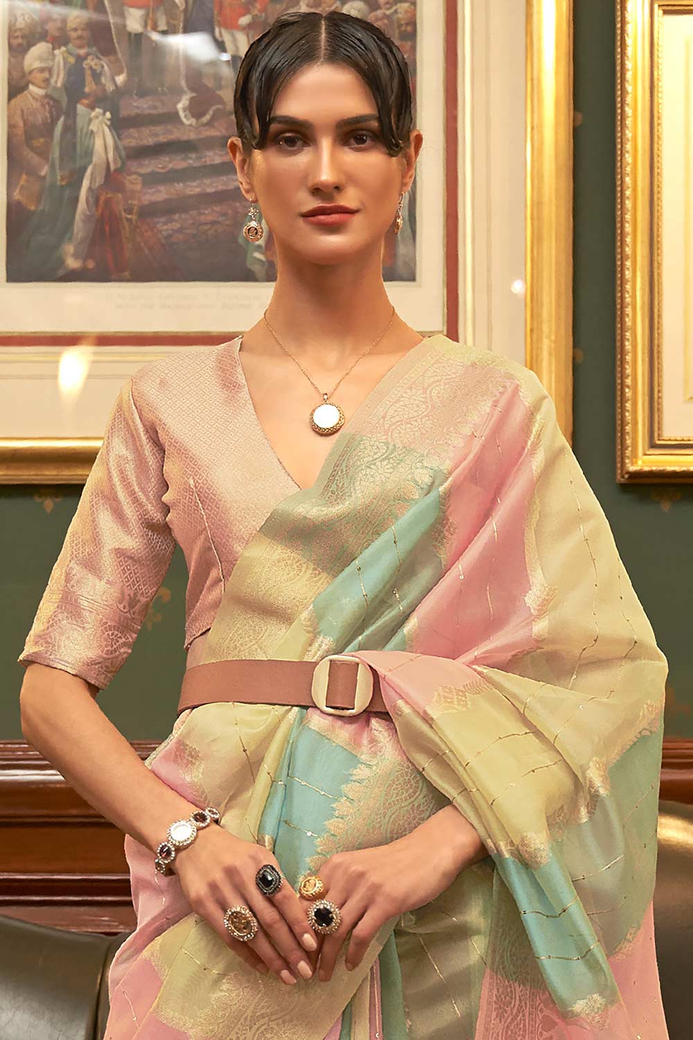 Patty Pink Striped Organza Banarasi One Minute Saree