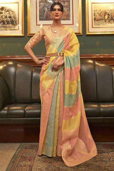 Molly Peach & Multicolored Striped Organza Banarasi One Minute Saree