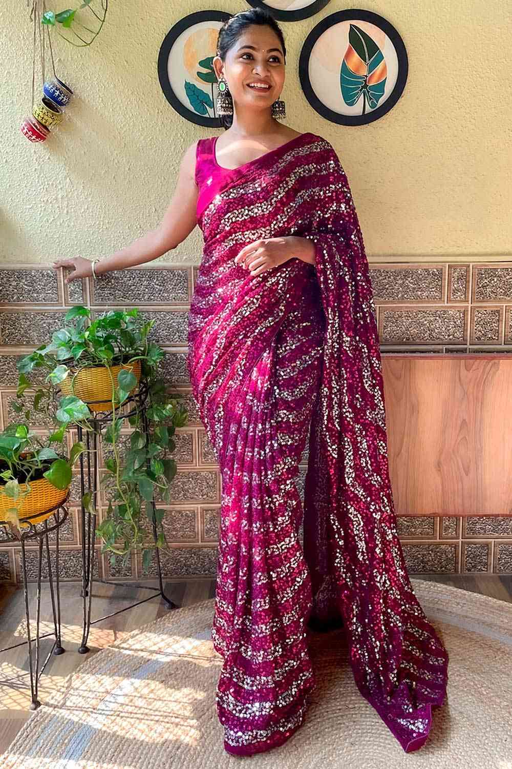 Buy Purple Georgette Sequin One Minute Saree Online