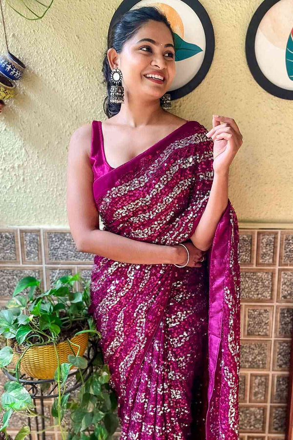 Buy Purple Georgette Sequin One Minute Saree Online - Back