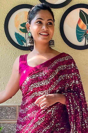 Buy Purple Georgette Sequin One Minute Saree Online - Front