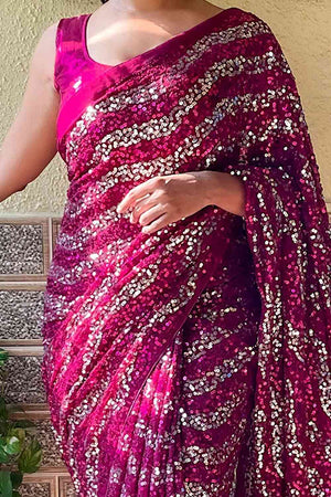Buy Purple Georgette Sequin One Minute Saree Online - Side