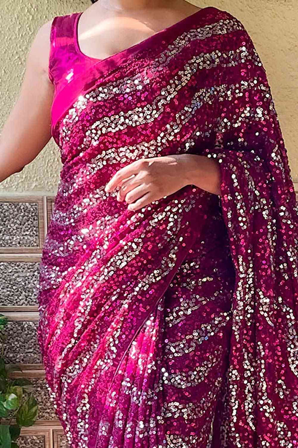 Buy Purple Georgette Sequin One Minute Saree Online - Side