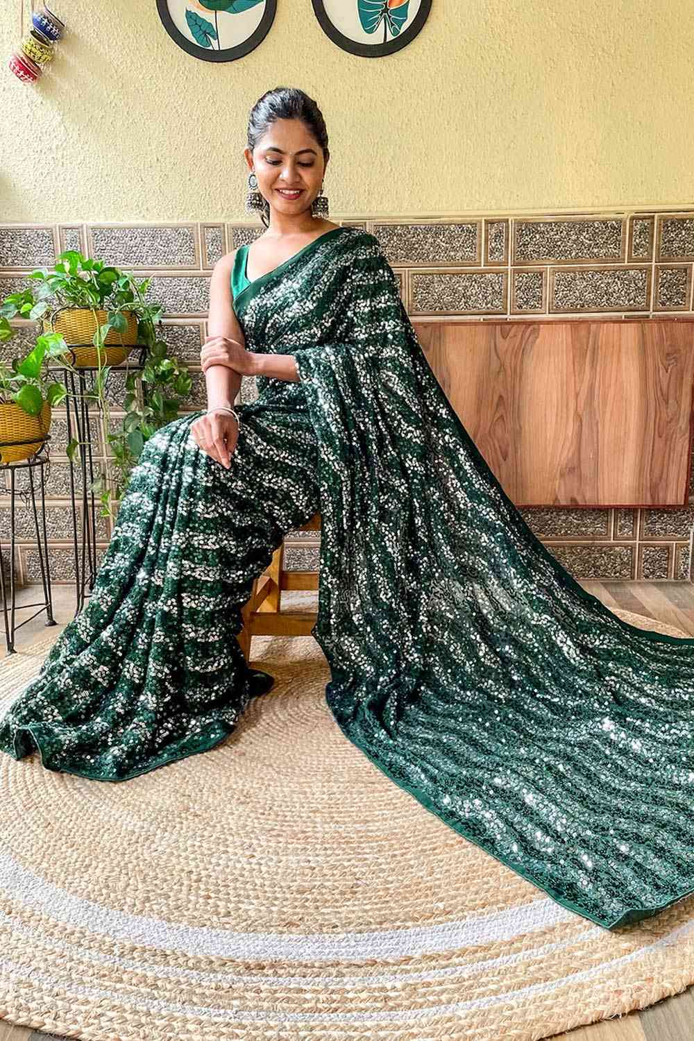 Buy Green Georgette Sequin One Minute Saree Online - Back