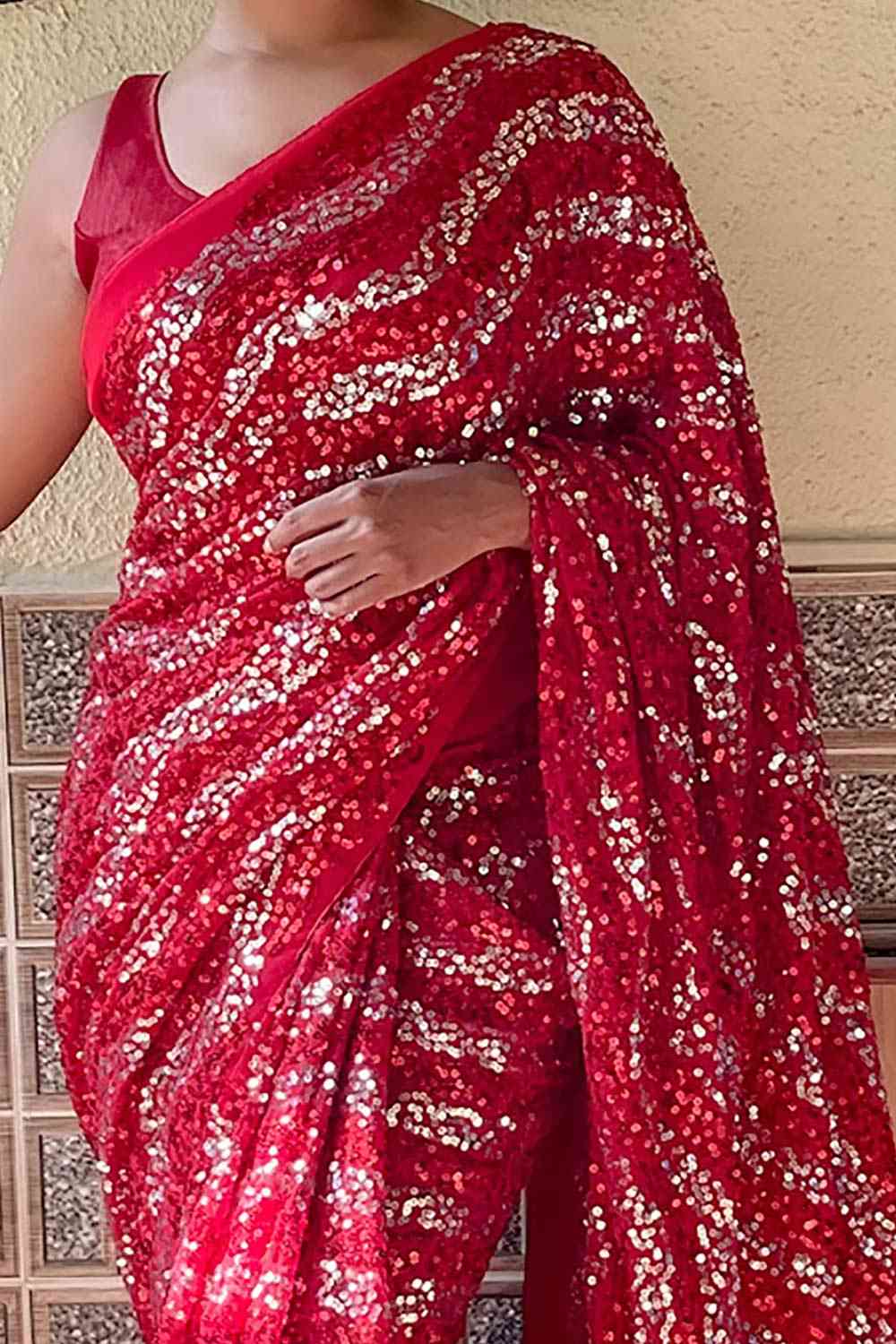 Buy Red Georgette Sequin One Minute Saree Online - Side