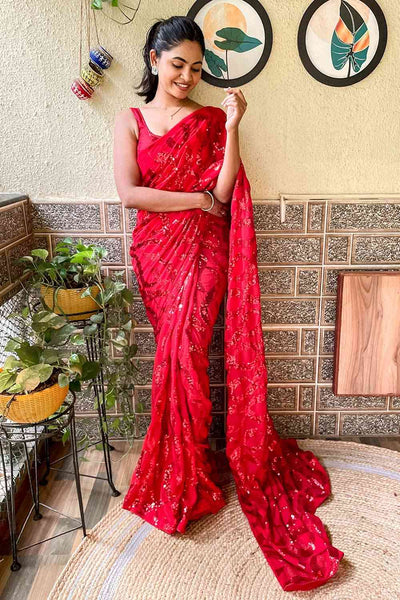 Buy Red Georgette Sequin One Minute Saree Online
