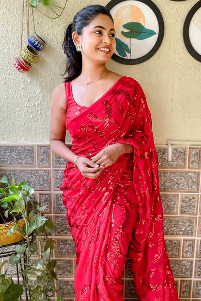 Buy Red Georgette Sequin One Minute Saree Online - Back