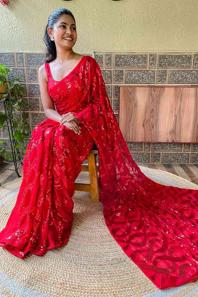 Buy Red Georgette Sequin One Minute Saree Online - Front