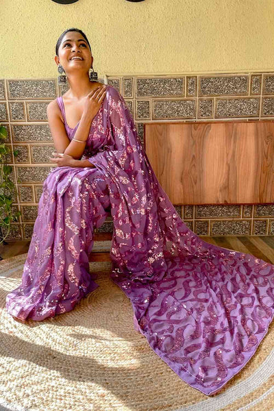 Buy Lavender Georgette Sequin One Minute Saree Online - Front