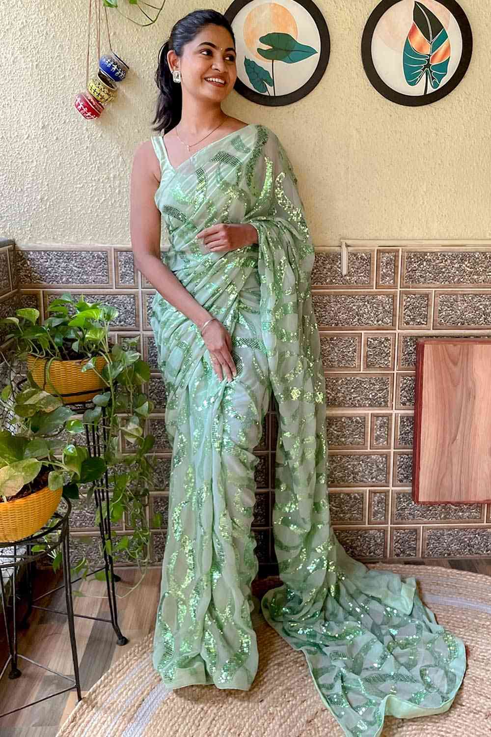 Buy Light Green Georgette Sequin One Minute Saree Online