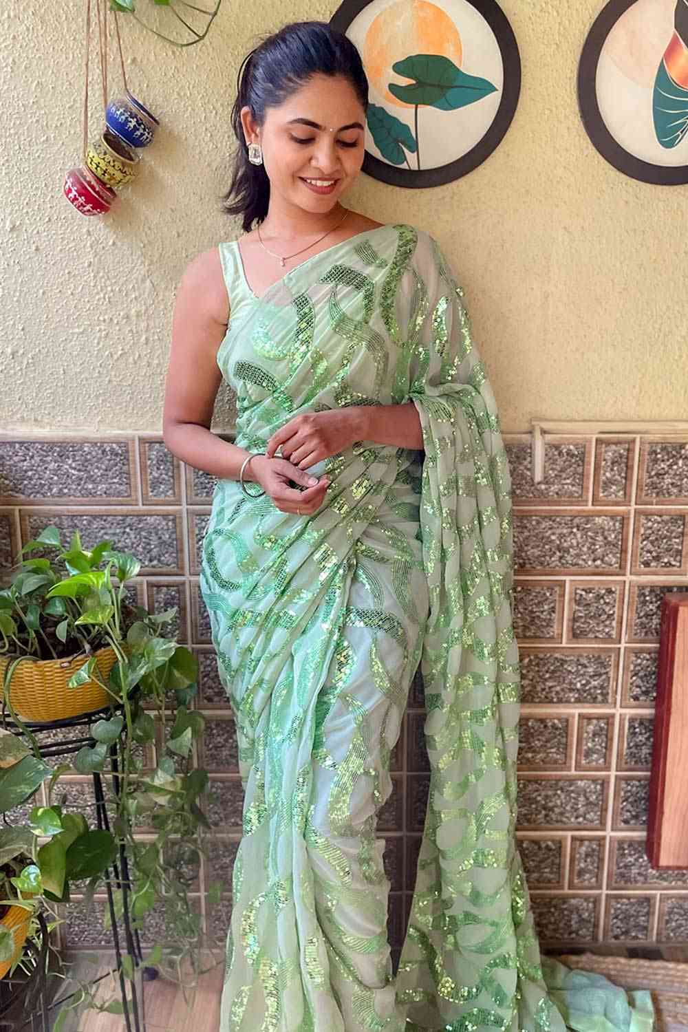 Buy Light Green Georgette Sequin One Minute Saree Online - Back