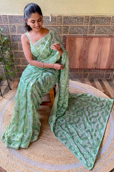 Buy Light Green Georgette Sequin One Minute Saree Online - Side