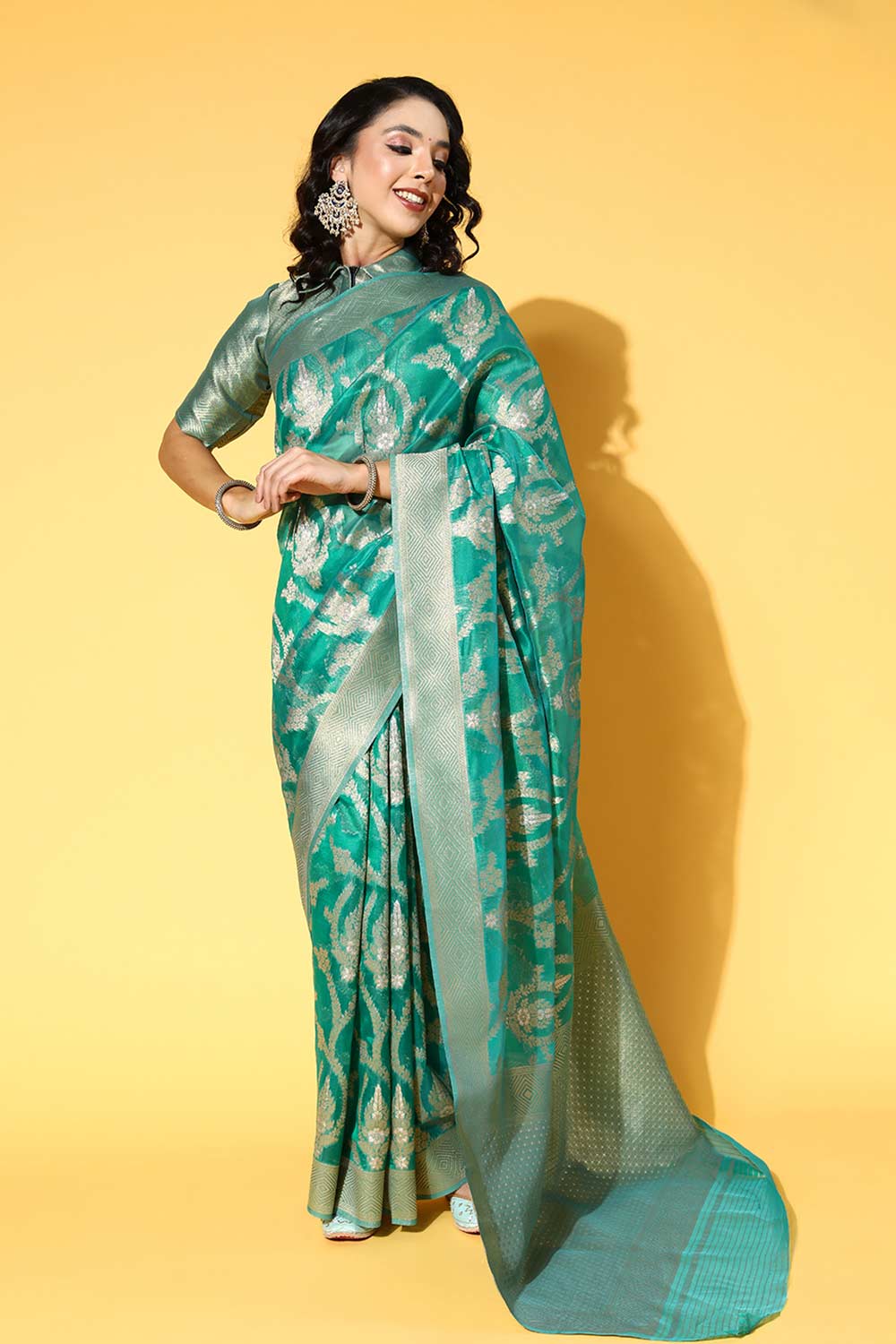 Buy Teal green Organza Ethnic Motif Design One Minute Saree Online