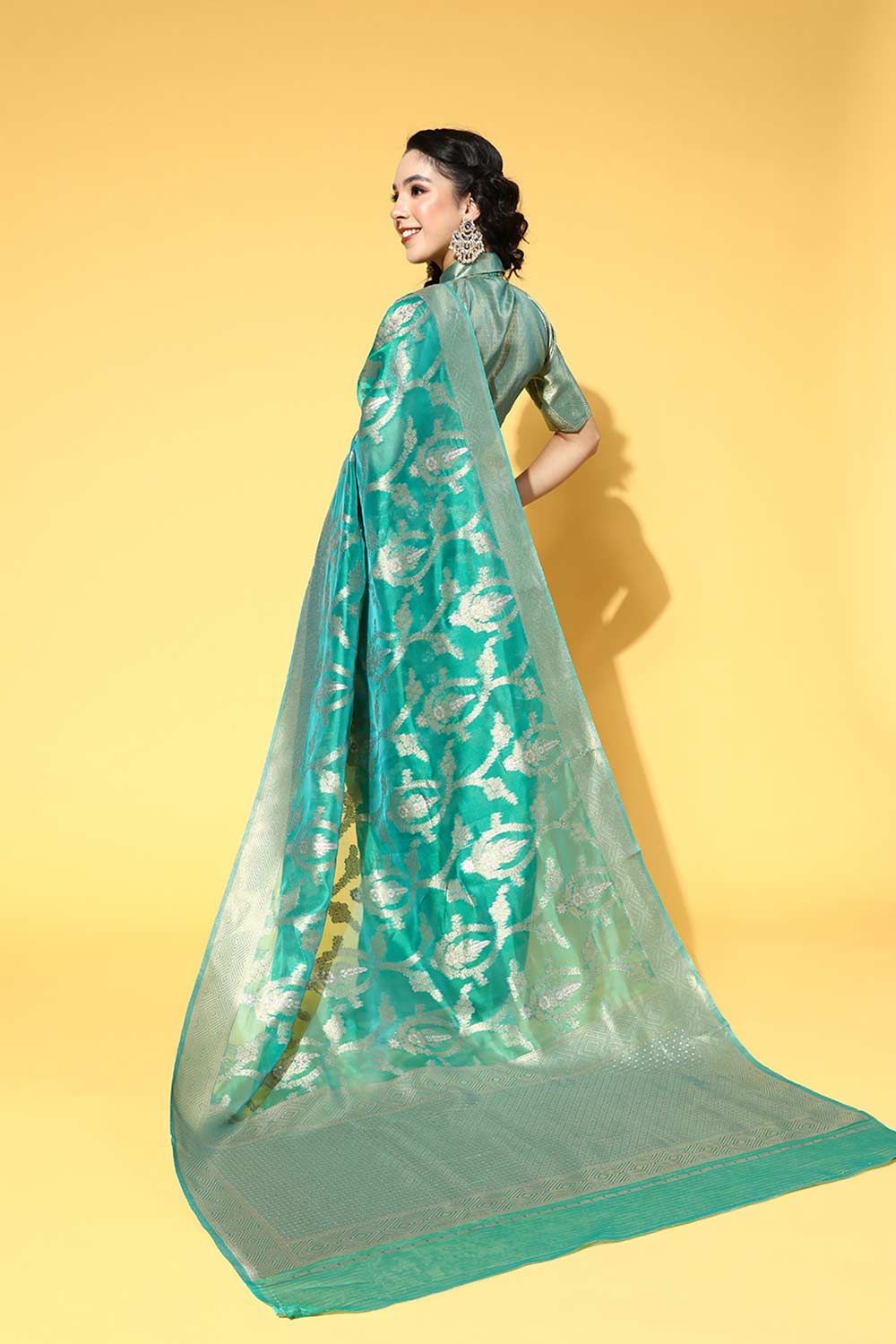 Buy Teal green Organza Ethnic Motif Design One Minute Saree Online - Back
