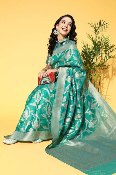 Buy Teal green Organza Ethnic Motif Design One Minute Saree Online - Front