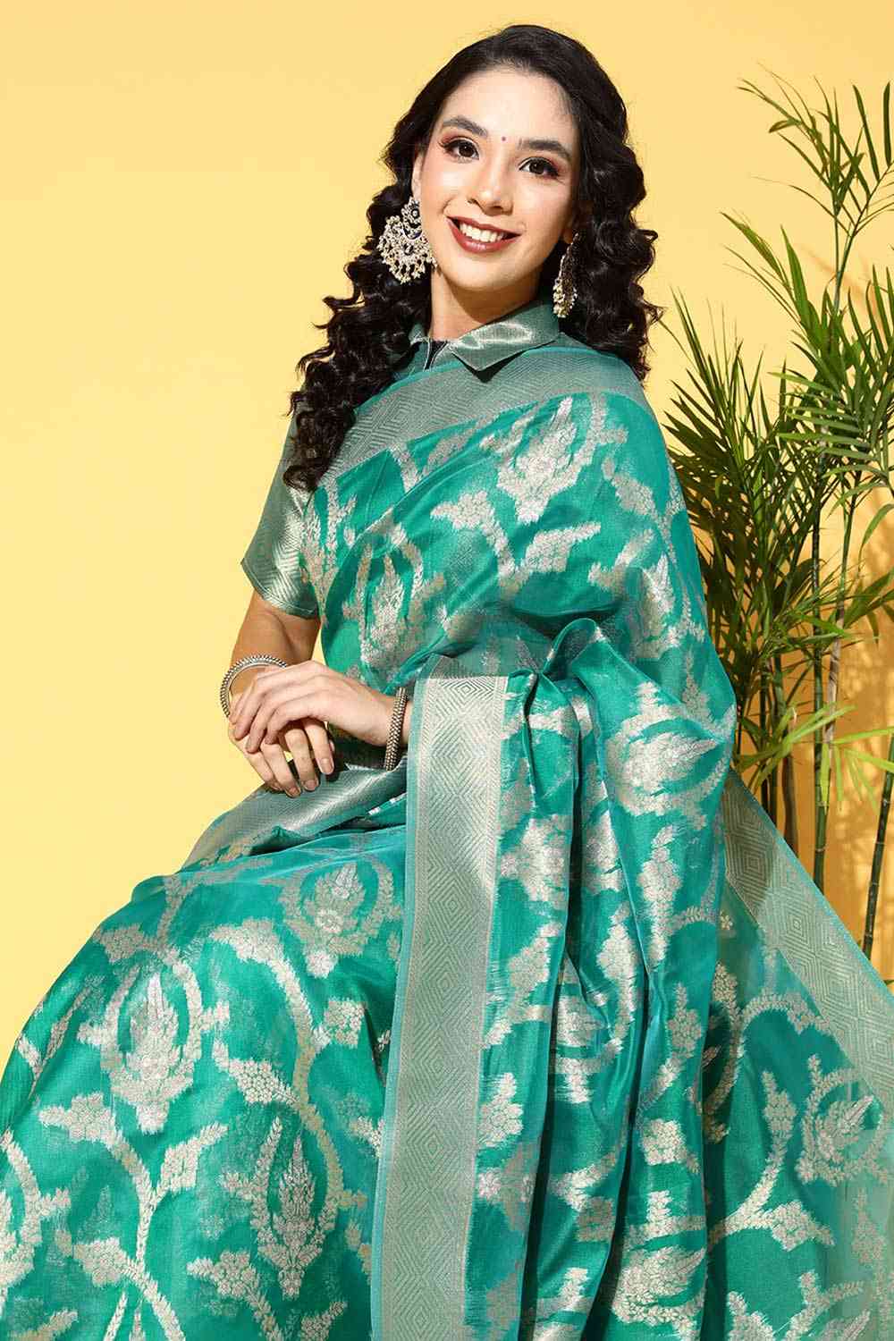 Buy Teal green Organza Ethnic Motif Design One Minute Saree Online - Side