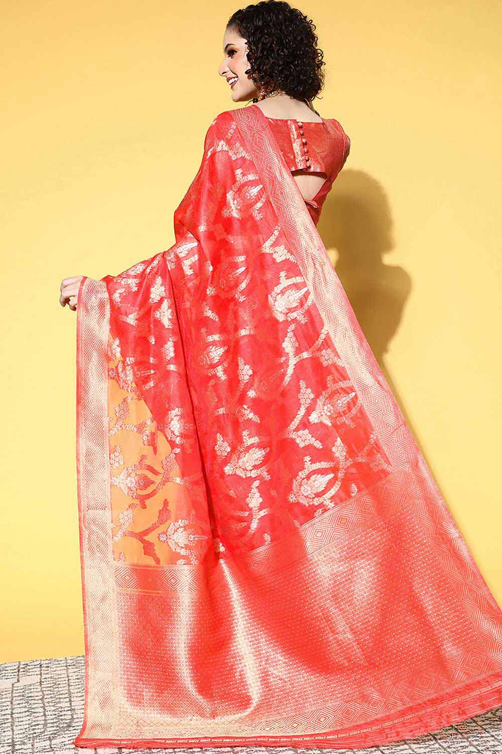 Deana Red Organza Ethnic Motif Woven Design One Minute Saree