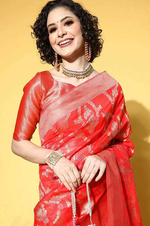 Deana Red Organza Ethnic Motif Woven Design One Minute Saree
