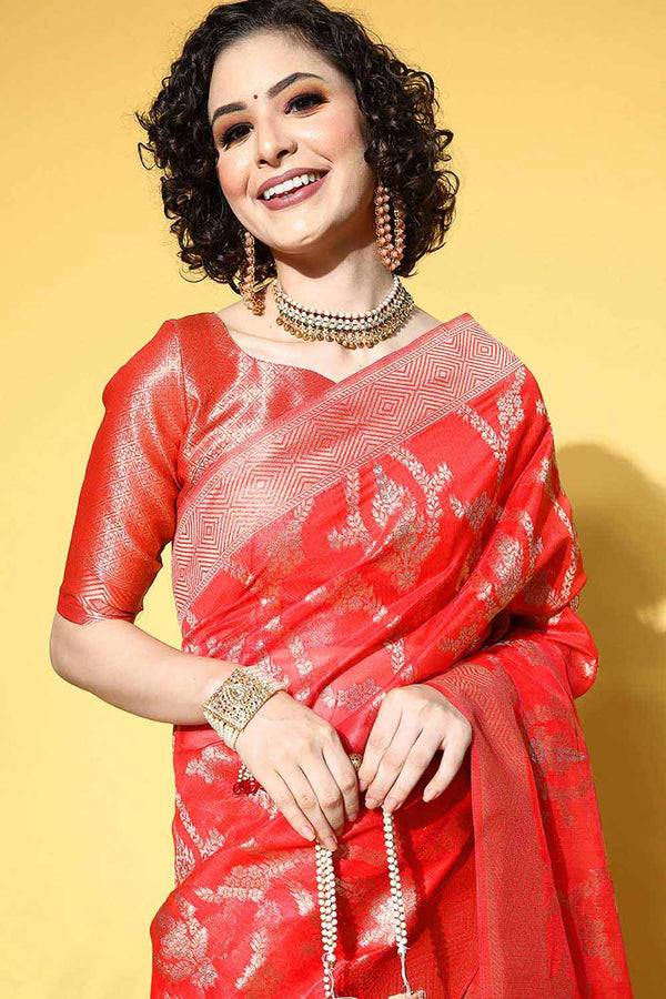 Deana Red Organza Ethnic Motif Woven Design One Minute Saree