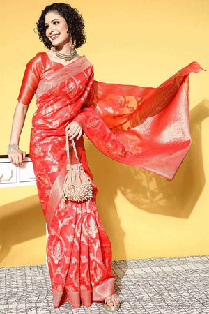 Deana Red Organza Ethnic Motif Woven Design One Minute Saree