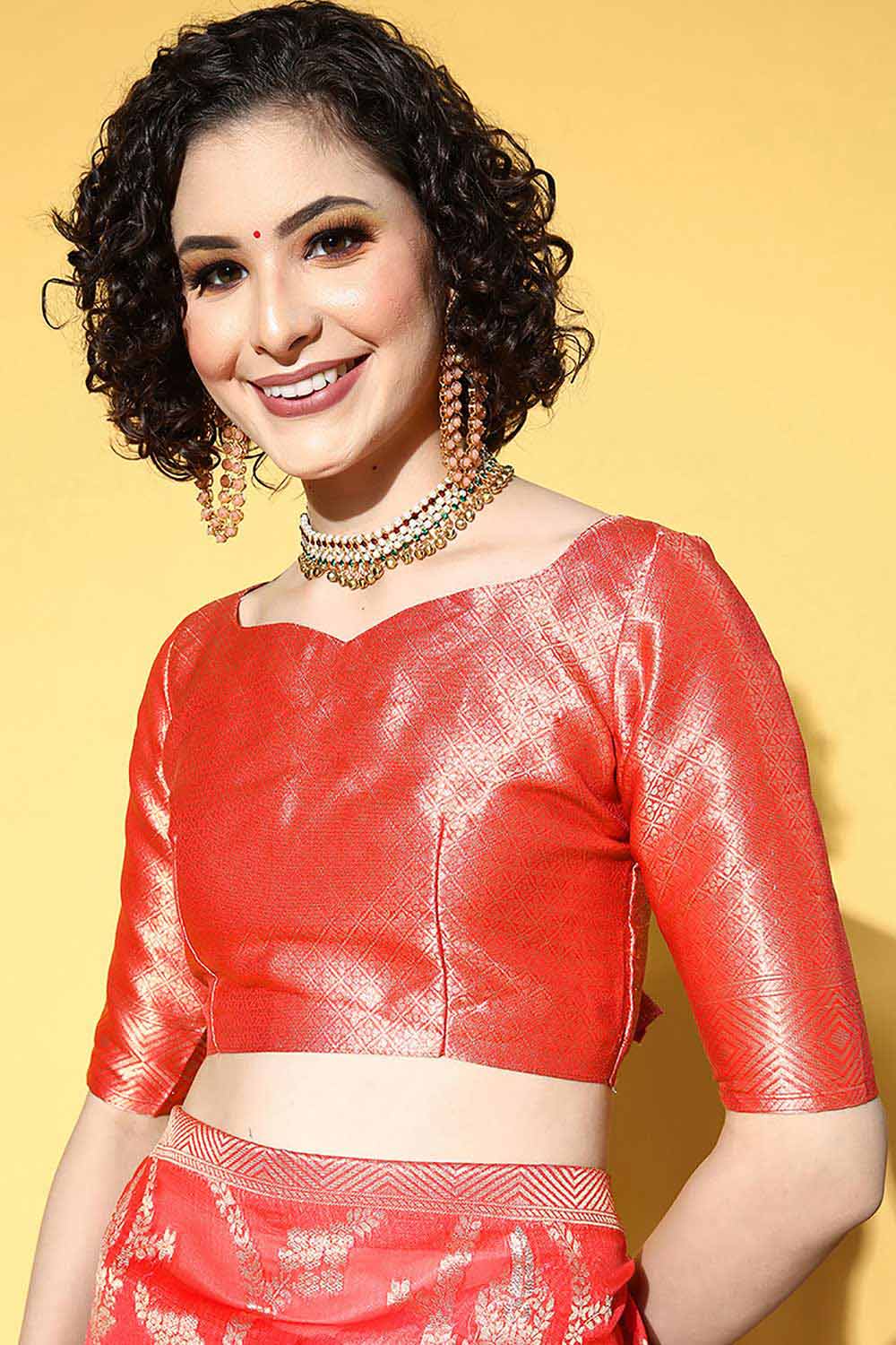 Deana Red Organza Ethnic Motif Woven Design One Minute Saree