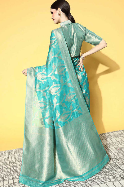 Iskat Turquoise Organza Ethnic Motif Woven Design One Minute Saree