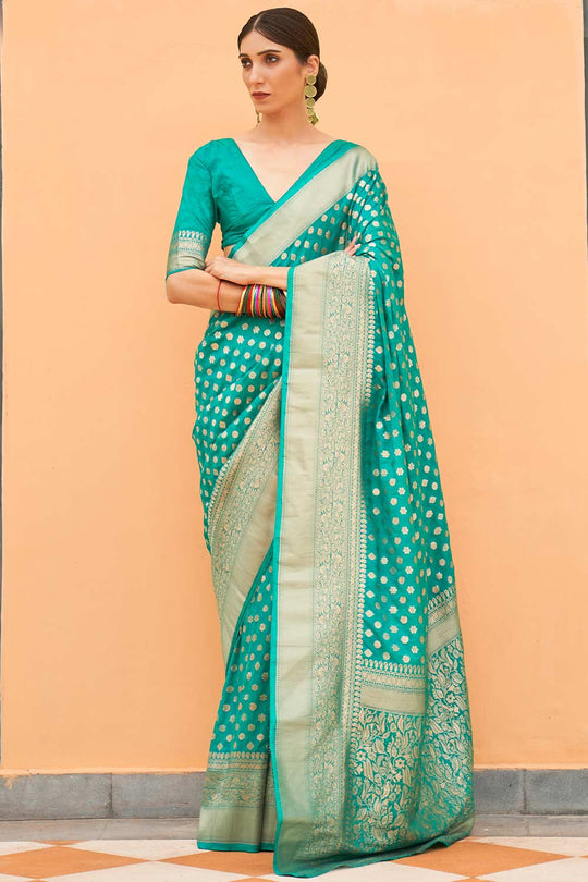 Hazel Sea Green Nylon Floral Banarasi One Minute Saree