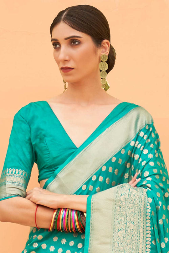 Hazel Sea Green Nylon Floral Banarasi One Minute Saree