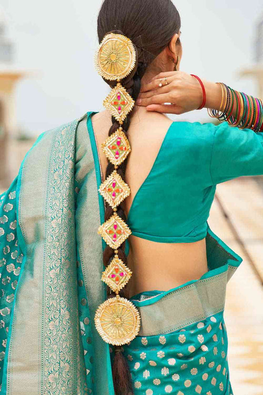 Hazel Sea Green Nylon Floral Banarasi One Minute Saree