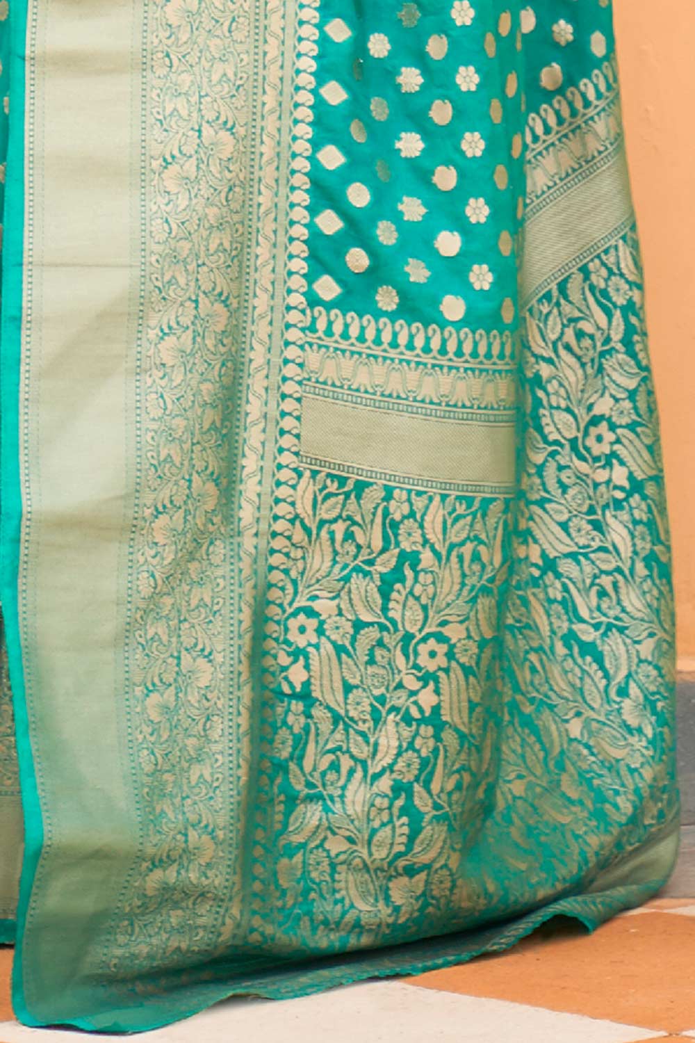Hazel Sea Green Nylon Floral Banarasi One Minute Saree