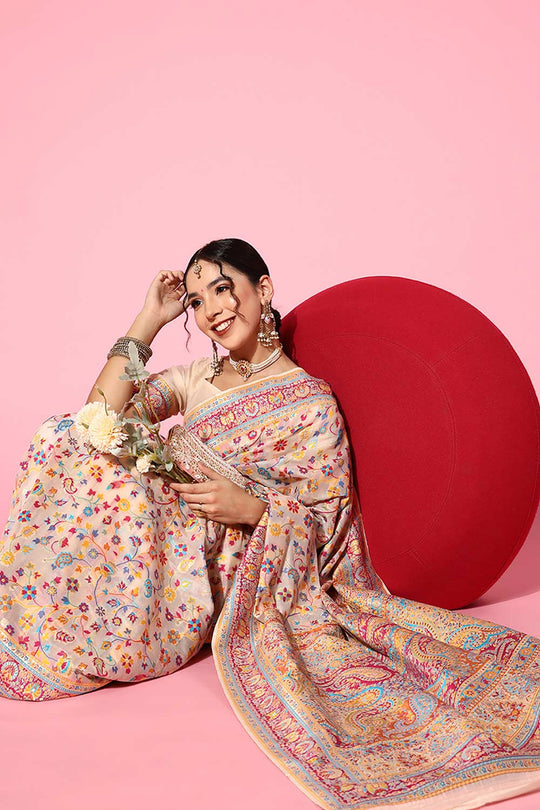 Buy Beige Art Silk Floral Design One Minute Saree Online - Front